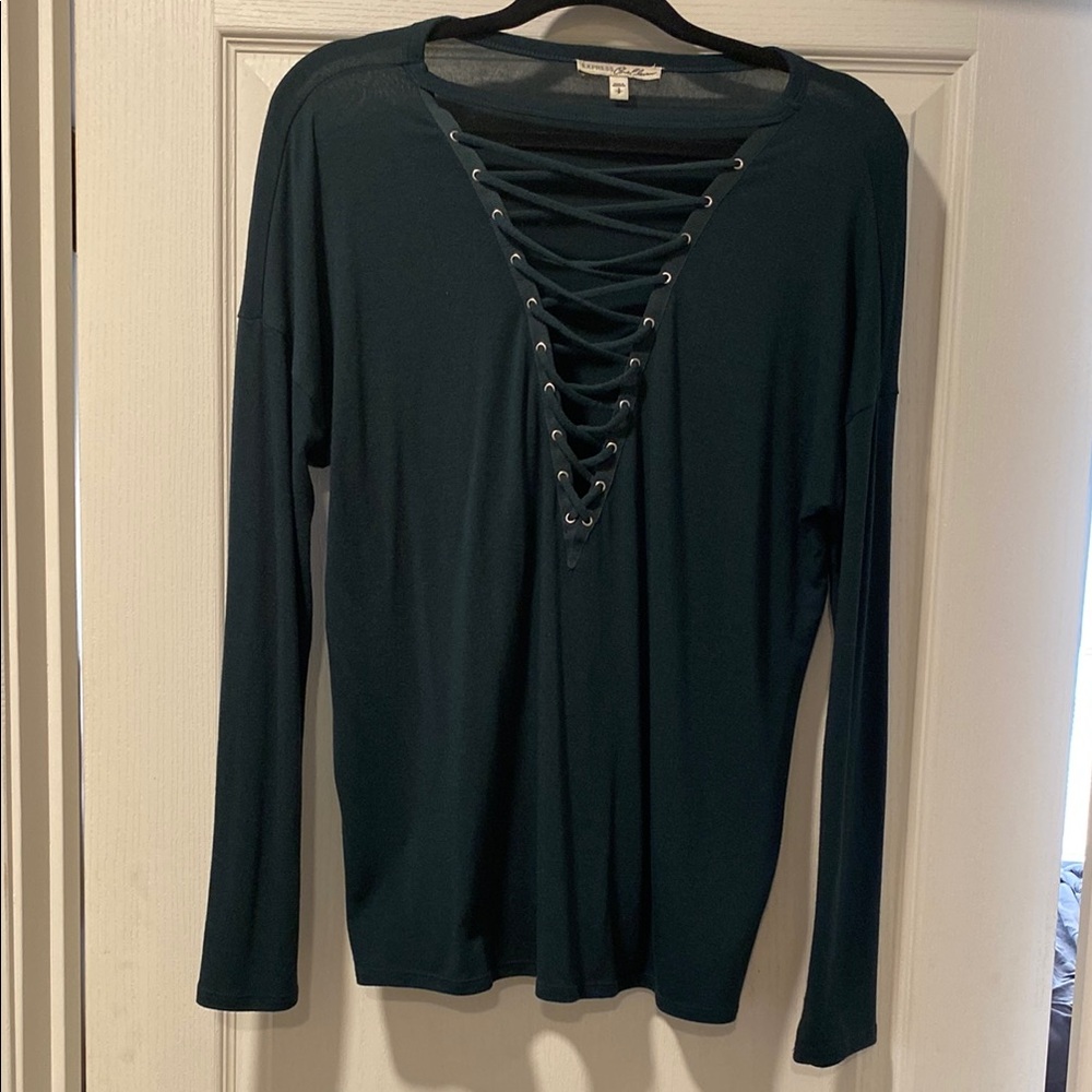 NWOT Express S Dark Green Lace-Up Long Sleeve Top